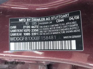 2008 Mercedes-Benz C-Class 3.0L Sport with VIN WDDGF81XX8F158481, listed as a IAAI auction lot 38995445 with 1 mi miles. Bid and sale history available at carsss.com. Image 9.