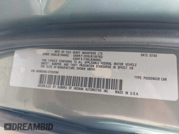 2004 Subaru Legacy Outback Limited with VIN 4S3BE686247202096, listed as a IAAI auction lot 42218519 with 146,029 mi miles and . Bid and sale history available at DreamBid. Image 9.