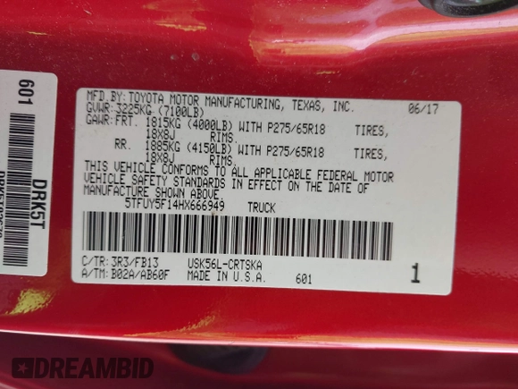 2017 Toyota Tundra SR z VIN 5TFUY5F14HX666949, wystawiony jako IAAI lot #41685402 z przebiegiem 108 628 mil mil oraz . Historia ofert i sprzedaży dostępna na DreamBid. Obrazek 9.
