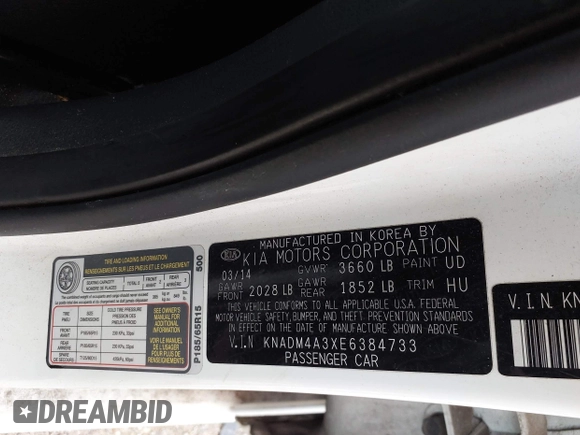 2014 Kia Rio LX with VIN KNADM4A3XE6384733, listed as a IAAI auction lot 42196921 with 153,084 mi miles and . Bid and sale history available at DreamBid. Image 9.