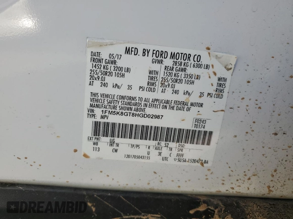 2017 Ford Explorer Sport z VIN 1FM5K8GT8HGD02987, wystawiony jako Copart lot #55646925 z przebiegiem 72 980 mil mil oraz Szkoda całkowita • Salvage title. Historia ofert i sprzedaży dostępna na DreamBid. Obrazek 13.