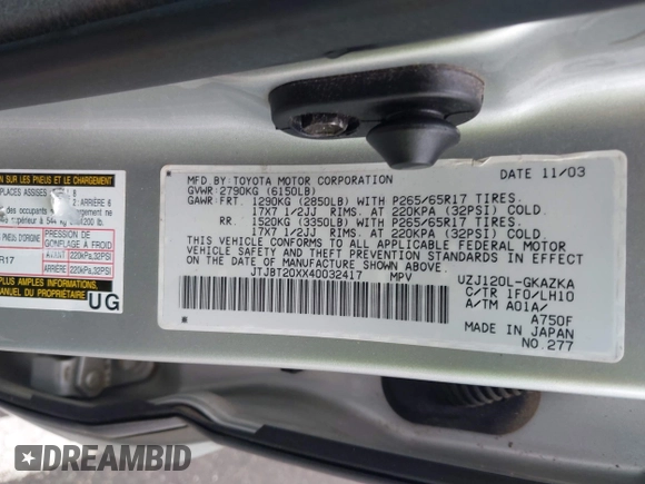 2004 Lexus GX 470 with VIN JTJBT20XX40032417, listed as a IAAI auction lot 42150885 with 180,568 mi miles. Bid and sale history available at carsss.com. Image 9.