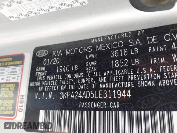 2020 Kia Rio LX with VIN 3KPA24AD5LE311944, listed as a IAAI auction lot 41877006 with 94,250 mi miles and . Bid and sale history available at DreamBid. Image 9.