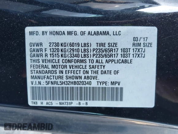 2017 Honda Odyssey SE with VIN 5FNRL5H32HB020340, listed as a IAAI auction lot 41884146 with 45,822 mi miles and . Bid and sale history available at carsss.com. Image 9.
