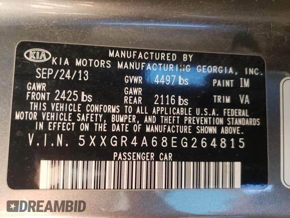 2014 Kia Optima SXL Turbo with VIN 5XXGR4A68EG264815, listed as a Copart auction lot 46736575 with 109,641 mi miles and Salvage Title. Bid and sale history available at DreamBid. Image 15.