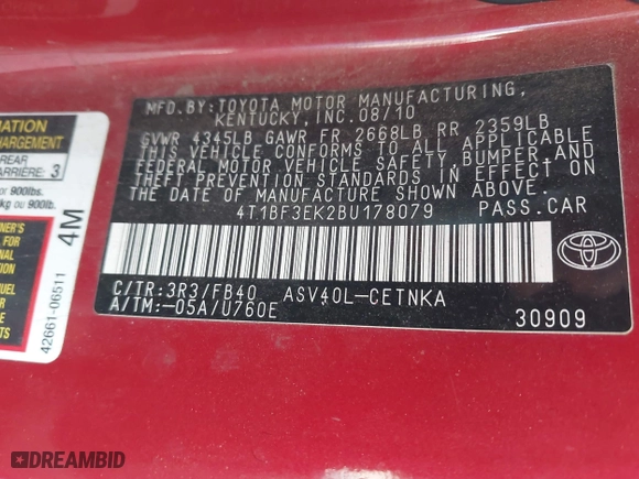 2011 Toyota Camry LE with VIN 4T1BF3EK2BU178079, listed as a IAAI auction lot 41959931 with 260,575 mi miles. Bid and sale history available at carsss.com. Image 9.