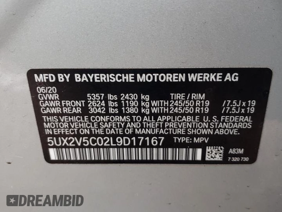 2020 BMW X4 M40i with VIN 5UX2V5C02L9D17167, listed as a Copart auction lot 35893263 with 0 mi miles. Bid and sale history available at carsss.com. Image 13.