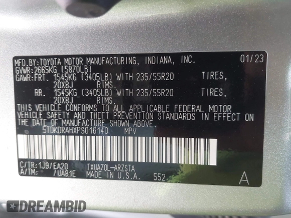 2023 Toyota Highlander L with VIN 5TDKDRAHXPS016140, listed as a IAAI auction lot 42275211 with 33,144 mi miles and . Bid and sale history available at DreamBid. Image 9.