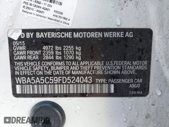 2015 BMW 5 Series 528i with VIN WBA5A5C59FD524043, listed as a IAAI auction lot 42023892 with 94,216 mi miles and . Bid and sale history available at carsss.com. Image 9.