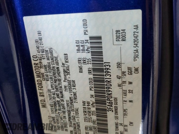 2013 Ford Fusion Titanium with VIN 3FA6P0K99DR139931, listed as a Copart auction lot 53871165 with 130,405 mi miles and Salvage Title. Bid and sale history available at carsss.com. Image 12.