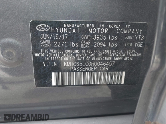 2017 Hyundai Ioniq Blue with VIN KMHC65LC0HU046457, listed as a IAAI auction lot 42029616 with 224,660 mi miles and . Bid and sale history available at DreamBid. Image 9.