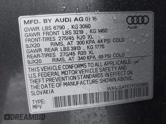 2015 Audi Q7 3.0T Premium Plus with VIN WA1LGAFE7FD013891, listed as a IAAI auction lot 41819325 with 999,999 mi miles. Bid and sale history available at carsss.com. Image 9.