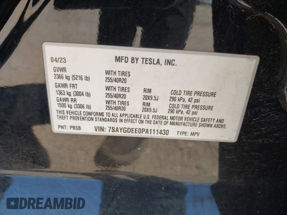 2023 Tesla Model Y Long Range with VIN 7SAYGDEE0PA111430, listed as a IAAI auction lot 42156924 with 35,950 mi miles and . Bid and sale history available at DreamBid. Image 9.