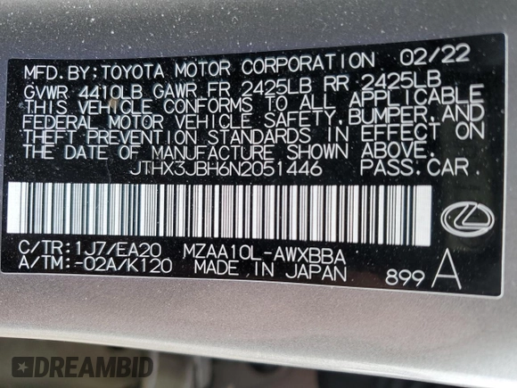 2022 Lexus UX 200 with VIN JTHX3JBH6N2051446, listed as a Copart auction lot 42404335 with 26,866 mi miles and Salvage title. Bid and sale history available at DreamBid. Image 12.