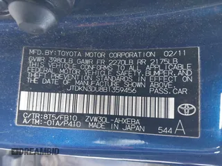2011 Toyota Prius I with VIN JTDKN3DU8B1359456, listed as a IAAI auction lot 41380670 with 18,348 mi miles and . Bid and sale history available at DreamBid. Image 9.