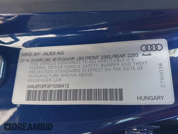 2015 Audi A3 2.0T Premium Plus with VIN WAUEFGFF2F1036412, listed as a IAAI auction lot 41829206 with 46,668 mi miles. Bid and sale history available at carsss.com. Image 9.