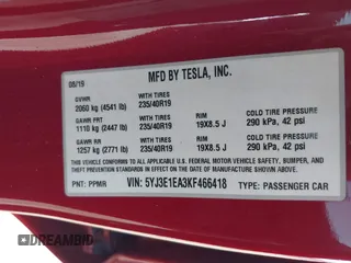 2019 Tesla Model 3 Mid Range with VIN 5YJ3E1EA3KF466418, listed as a IAAI auction lot 41724564 with 53,774 mi miles and . Bid and sale history available at DreamBid. Image 9.