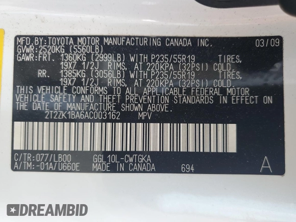 2010 Lexus RX 350 with VIN 2T2ZK1BA6AC003162, listed as a Copart auction lot 59735765 with 186,333 mi miles and Clean title. Bid and sale history available at DreamBid. Image 12.