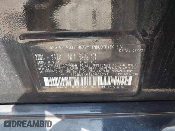 2014 Subaru Legacy 2.5i with VIN 4S3BMBA61E3004351, listed as a IAAI auction lot 42664044 with 181,743 mi miles and . Bid and sale history available at DreamBid. Image 9.