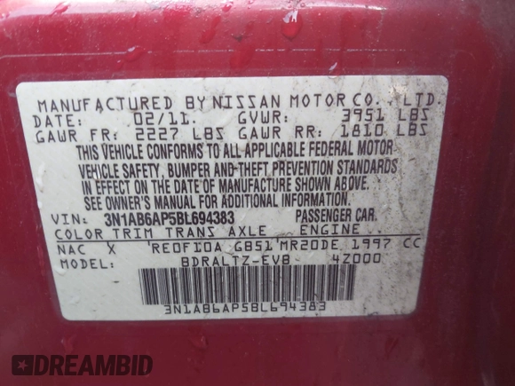 2011 Nissan Sentra 2.0 with VIN 3N1AB6AP5BL694383, listed as a IAAI auction lot 42049600 with 111,376 mi miles and . Bid and sale history available at DreamBid. Image 9.