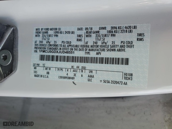 2018 Ford Escape SE with VIN 1FMCU0GDXJUD48551, listed as a Copart auction lot 42595875 with 39,456 mi miles and Salvage Title. Bid and sale history available at carsss.com. Image 13.