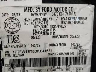 2013 Ford F-150 XL with VIN 1FTFW1ET8DKE41631, listed as a Copart auction lot 55074745 with 153,462 mi miles and Clean Title. Bid and sale history available at carsss.com. Image 12.