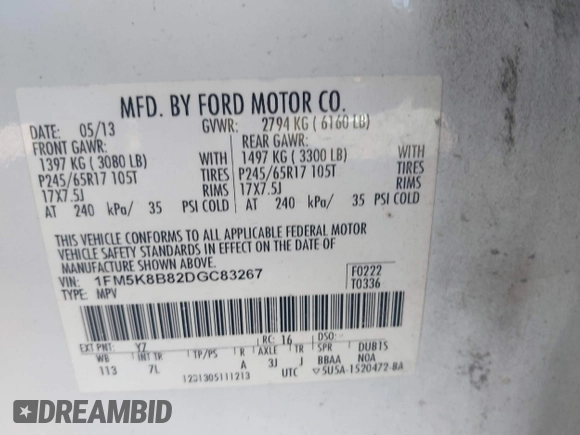 2013 Ford Explorer with VIN 1FM5K8B82DGC83267, listed as a IAAI auction lot 42564197 with 221,103 mi miles and . Bid and sale history available at DreamBid. Image 9.