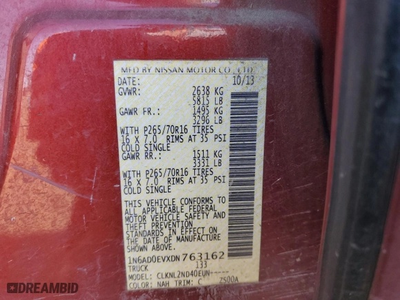 2013 Nissan Frontier SV with VIN 1N6AD0EVXDN763162, listed as a Copart auction lot 49805325 with 199,955 mi miles and Salvage Title. Bid and sale history available at carsss.com. Image 12.