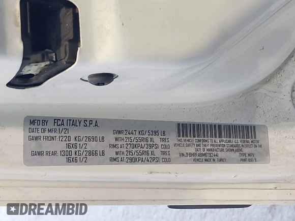 2021 Ram ProMaster City Cargo Tradesman with VIN ZFBHRFAB1M6T92441, listed as a IAAI auction lot 42039946 with 100,036 mi miles and . Bid and sale history available at DreamBid. Image 9.