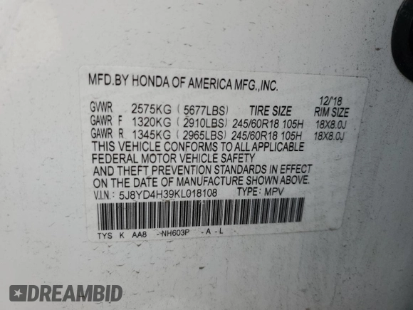 2019 Acura MDX with VIN 5J8YD4H39KL018108, listed as a Copart auction lot 46162605 with 76,322 mi miles and Salvage title. Bid and sale history available at DreamBid. Image 13.