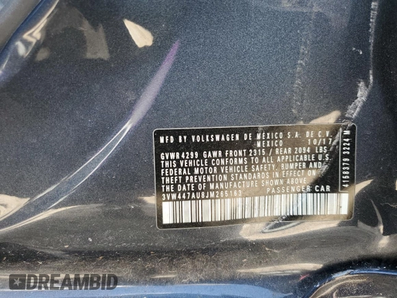 2018 Volkswagen GTI S с VIN 3VW447AU8JM265163, выставлен на аукционе Copart как лот 57427285 с пробегом 89 059 миль миль и Списание • Salvage title. История ставок и продаж доступна на DreamBid. Изображение 12.
