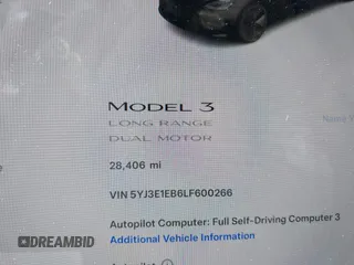 2020 Tesla Model 3 Long Range with VIN 5YJ3E1EB6LF600266, listed as a IAAI auction lot 41819374 with 28,406 mi miles. Bid and sale history available at carsss.com. Image 7.