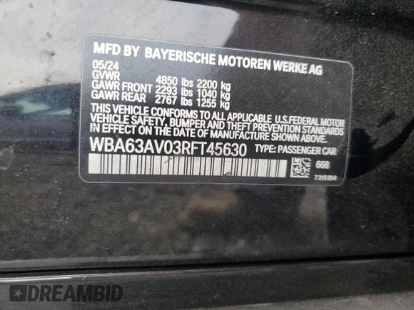 2024 BMW 4 Series 430i with VIN WBA63AV03RFT45630, listed as a Copart auction lot 81038254 with 8,134 mi miles and Salvage Title. Bid and sale history available at carsss.com. Image 14.