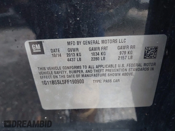 2015 Chevrolet Malibu LS with VIN 1G11B5SL5FF190900, listed as a IAAI auction lot 42048116 with 168,686 mi miles and . Bid and sale history available at DreamBid. Image 9.
