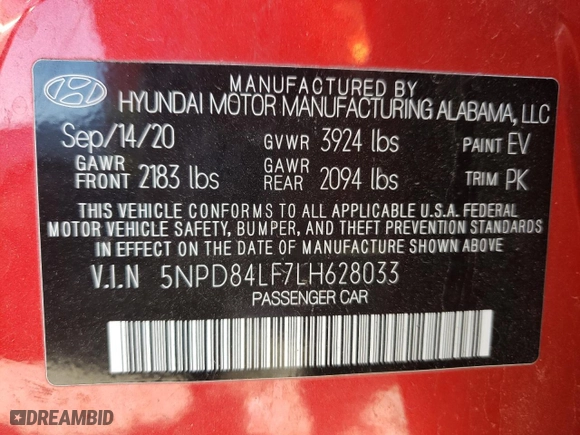 2020 Hyundai Elantra Value Edition with VIN 5NPD84LF7LH628033, listed as a Copart auction lot 49806814 with 0 mi miles and Salvage Title. Bid and sale history available at carsss.com. Image 13.