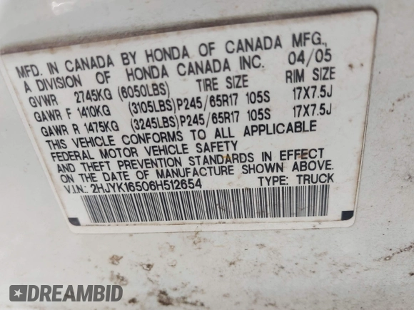 2006 Honda Ridgeline RTL z VIN 2HJYK16506H512654, wystawiony jako IAAI lot #42245264 z przebiegiem 303 551 mil mil oraz . Historia ofert i sprzedaży dostępna na DreamBid. Obrazek 9.
