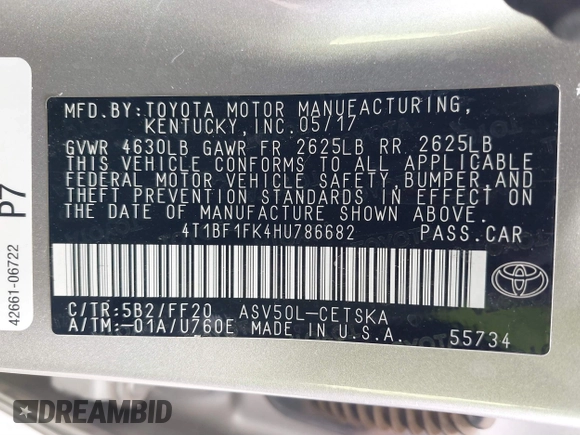 2017 Toyota Camry XLE with VIN 4T1BF1FK4HU786682, listed as a IAAI auction lot 41603263 with 73,952 mi miles. Bid and sale history available at carsss.com. Image 9.