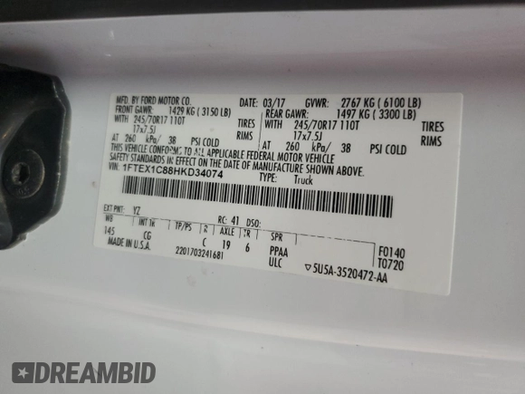 2017 Ford F-150 XL with VIN 1FTEX1C88HKD34074, listed as a Copart auction lot 52376215 with 152,837 mi miles and Clean Title. Bid and sale history available at carsss.com. Image 12.