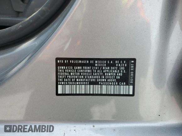 2020 Volkswagen Jetta S с VIN 3VWC57BU5LM090932, выставлен на аукционе Copart как лот 53051135 с пробегом 48 263 миль миль и Списание • Salvage title. История ставок и продаж доступна на DreamBid. Изображение 12.