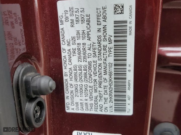 2019 Honda CR-V EX with VIN 2HKRW2H52KH661102, listed as a Copart auction lot 52445525 with 28,240 mi miles and Salvage Title. Bid and sale history available at carsss.com. Image 13.
