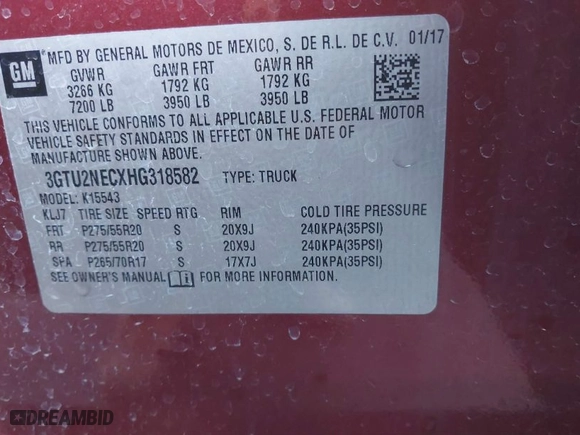 2017 GMC Sierra 1500 SLT with VIN 3GTU2NECXHG318582, listed as a IAAI auction lot 41433908 with NaN miles. Bid and sale history available at carsss.com. Image 9.