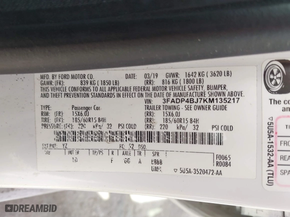 2019 Ford Fiesta SE with VIN 3FADP4BJ7KM135217, listed as a IAAI auction lot 41685629 with 91,140 mi miles. Bid and sale history available at carsss.com. Image 9.