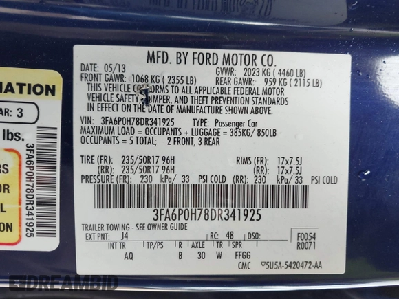 2013 Ford Fusion SE with VIN 3FA6P0H78DR341925, listed as a IAAI auction lot 42366432 with 102,073 mi miles and . Bid and sale history available at DreamBid. Image 9.