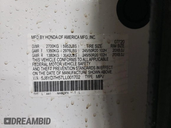 2020 Acura MDX Sport Hybrid w/Technology Pkg with VIN 5J8YD7H57LL001702, listed as a Copart auction lot 88760995 with 15,010 mi miles and Salvage Title. Bid and sale history available at carsss.com. Image 13.