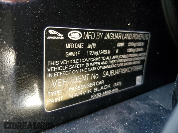 2019 Jaguar XF 25t Premium z VIN SAJBJ4FX9KCY78949, wystawiony jako Copart lot #61766675 z przebiegiem 193 626 mil mil oraz Szkoda całkowita • Salvage title. Historia ofert i sprzedaży dostępna na DreamBid. Obrazek 12.
