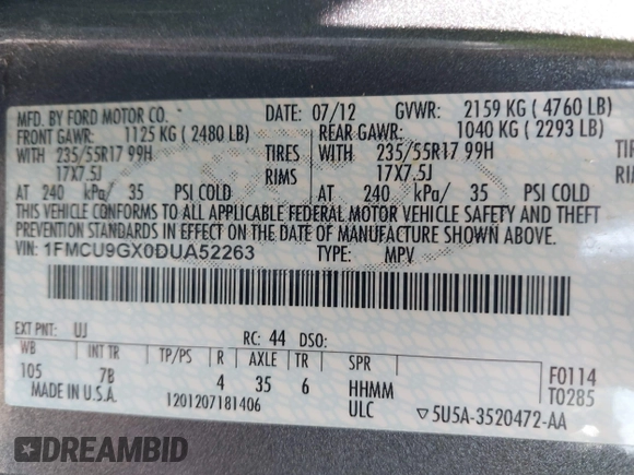 2013 Ford Escape SE with VIN 1FMCU9GX0DUA52263, listed as a IAAI auction lot 42211395 with 140,067 mi miles and . Bid and sale history available at DreamBid. Image 9.
