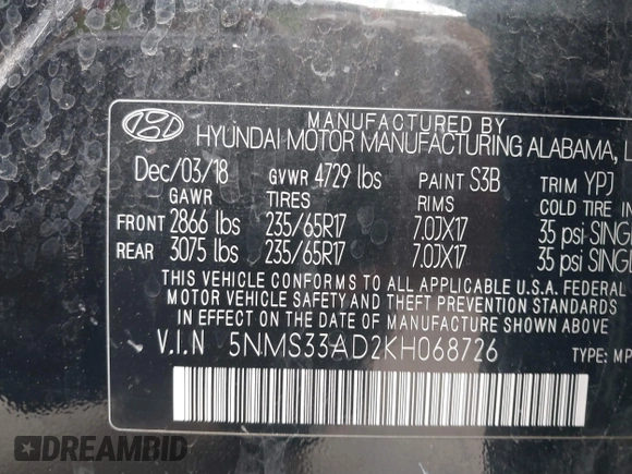 2019 Hyundai Santa Fe SEL with VIN 5NMS33AD2KH068726, listed as a IAAI auction lot 41624718 with 122,310 mi miles and . Bid and sale history available at DreamBid. Image 9.