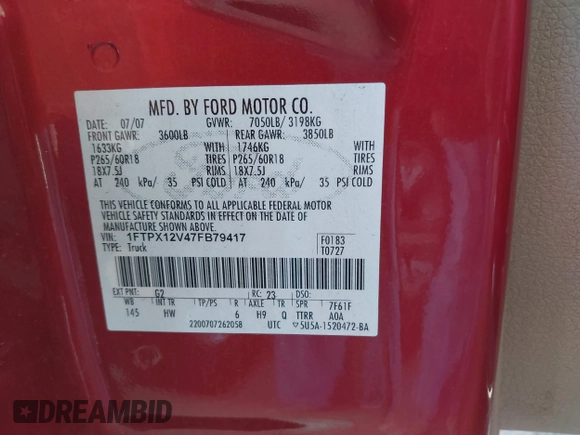 2007 Ford F-150 XL with VIN 1FTPX12V47FB79417, listed as a IAAI auction lot 42375308 with 196,499 mi miles and . Bid and sale history available at DreamBid. Image 9.