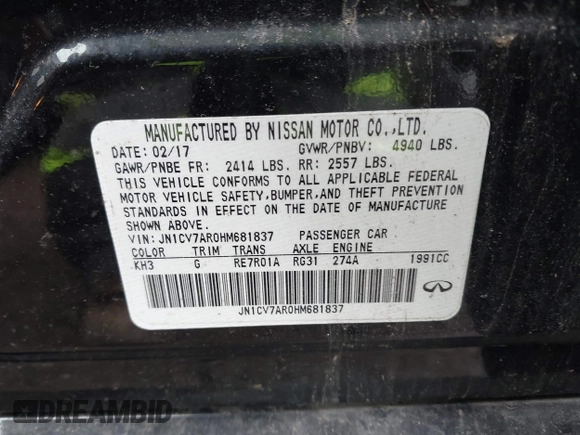 2017 Infiniti Q50 2.0t Premium with VIN JN1CV7AR0HM681837, listed as a IAAI auction lot 41724953 with 55,178 mi miles. Bid and sale history available at carsss.com. Image 9.