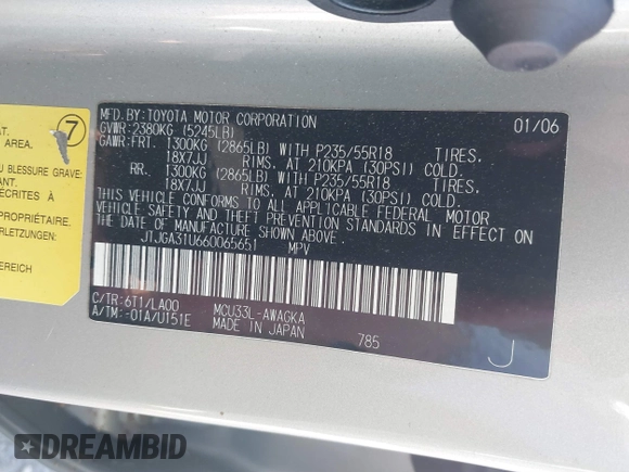2006 Lexus RX 330 с VIN JTJGA31U660065651, выставлен на аукционе IAAI как лот 41306928 с пробегом 166 920 миль миль и . История ставок и продаж доступна на DreamBid. Изображение 9.